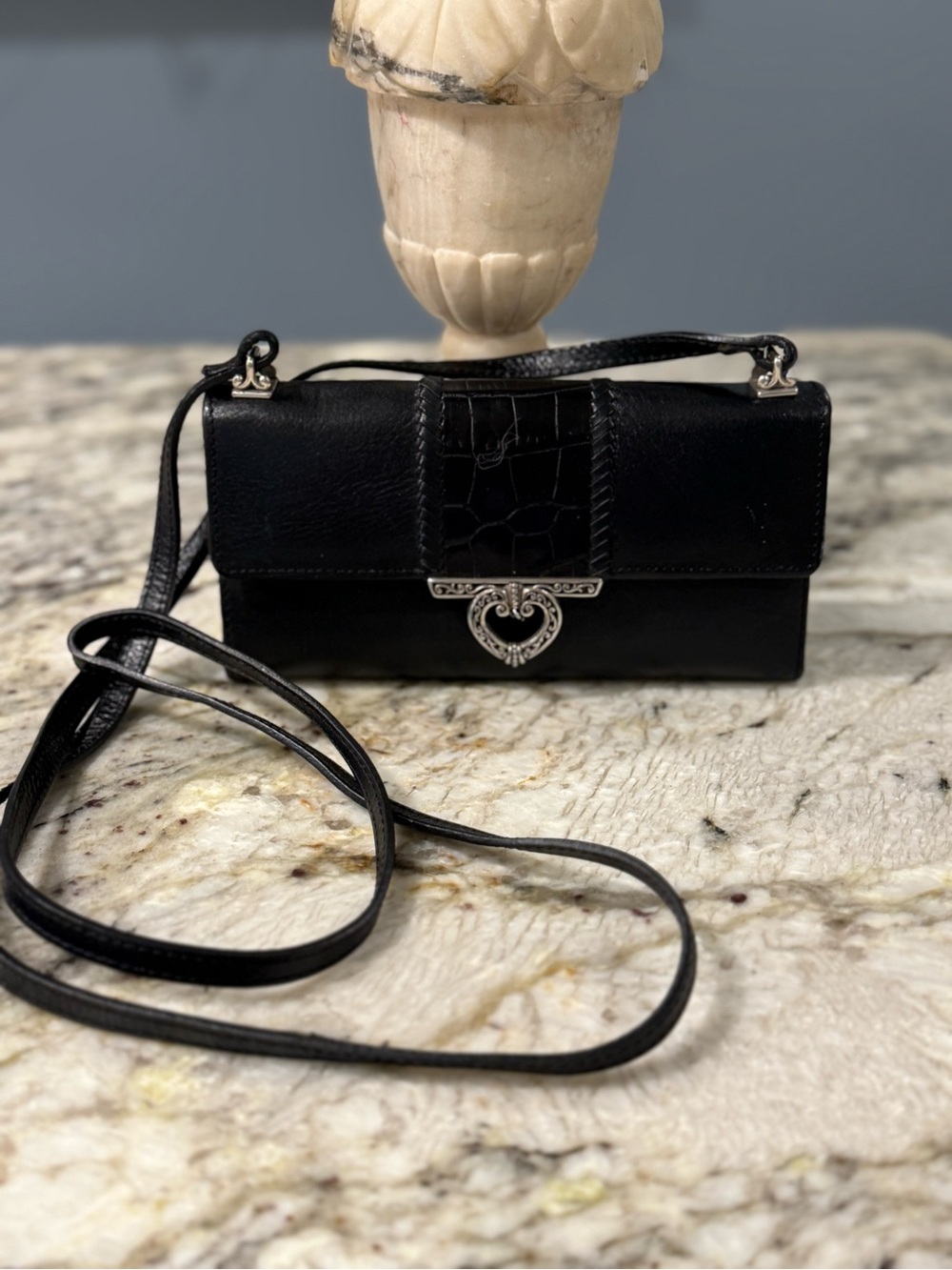 Vintage Brighton Black Leather Croc Embossed Heart Crossbody Organizer Wallet